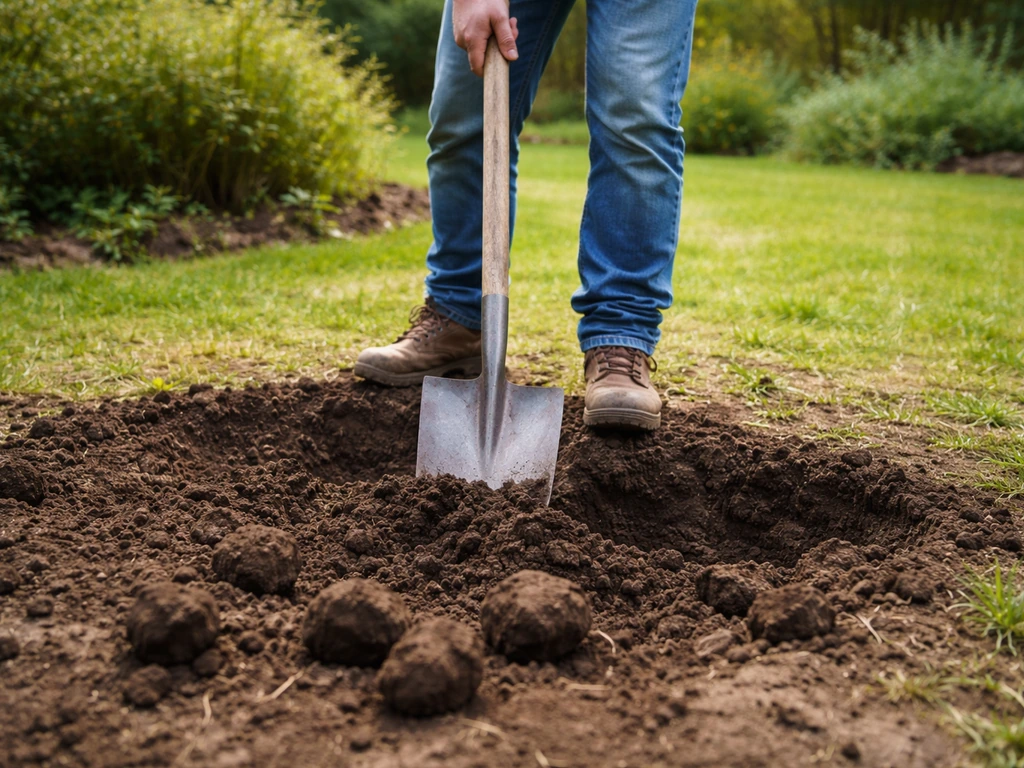 Spade steekt de grond om: plantplek in de tuin vrijmaken voor blauw gras