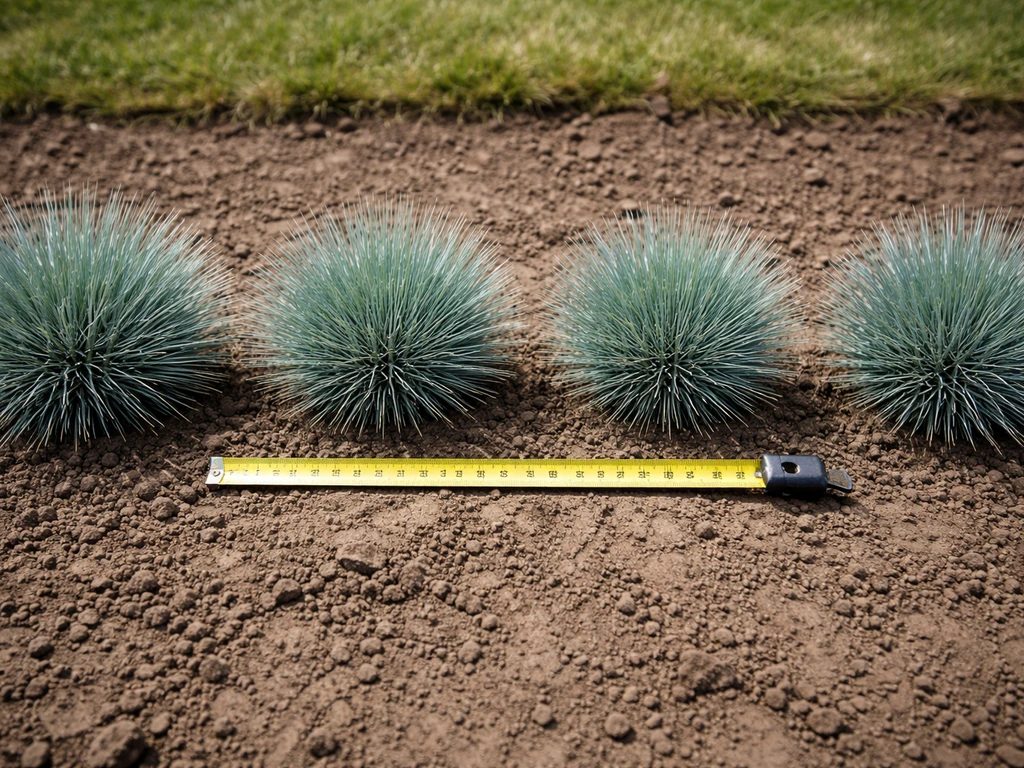 Blauwe siergras polletjes naast elkaar met meetlint die een plantafstand van 25–30 cm toont.
