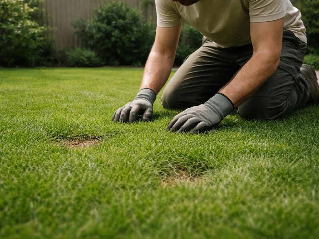 Tuinier inspecteert een dicht, groen gazon met zichtbare egale groei en kleine oneffenheden
