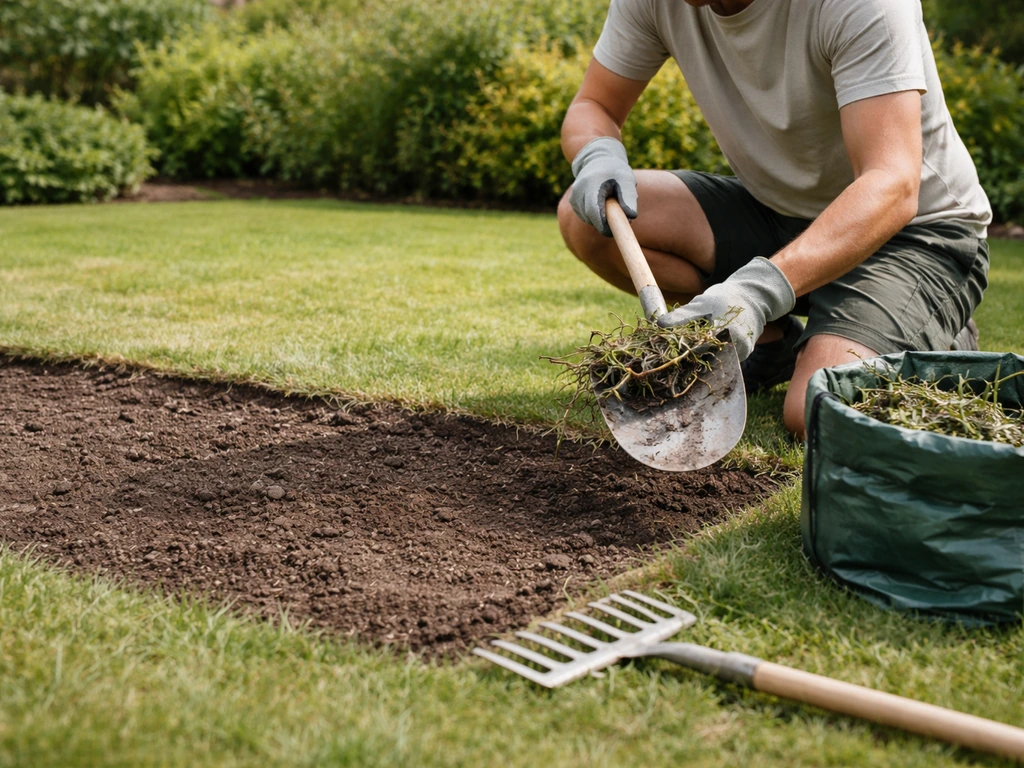 Iemand schept oud onkruid en plantenresten weg uit een stuk grond voor een nieuw gazon, met hark erbij.