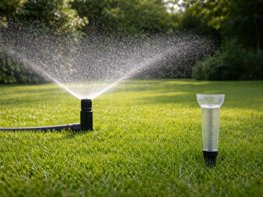 Gazon met sproeier die gelijkmatig water geeft, met een regenmeter/maatbeker als meetpunt op de grond.