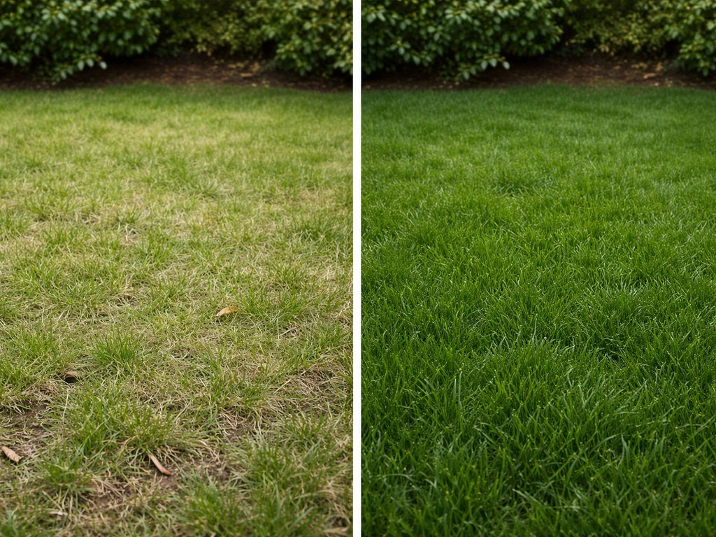 Vergelijking in één tuin: lichtgroen/bleek gras tegenover dicht donkergroen, vitaal gras in dezelfde hoek.