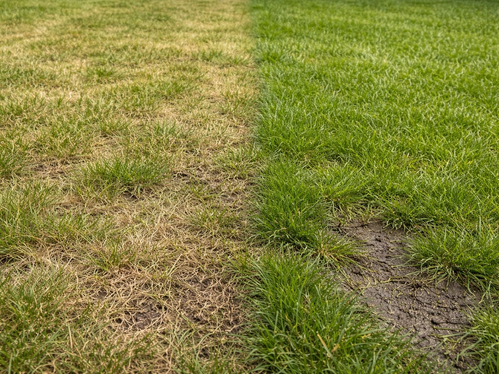 Twee naast elkaar liggende delen van een gazon: links lichtgroen door te droog, rechts lichtgroen door te natte, verdich
