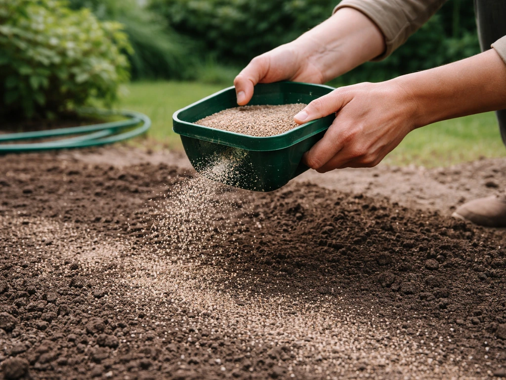 Handen strooien bloemzaad gemengd met fijn droog zand op een stukje aarde in een rustige tuin