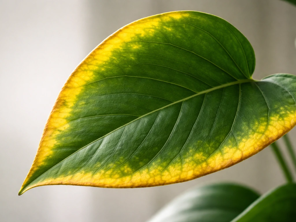 Fijn detailfoto van een geclusterde vergelingsrand op een plantblad met de rest groen en helder belicht