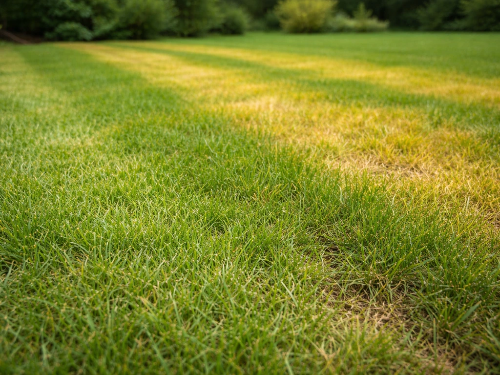 Gras met stikstofgebrek: bleekgroene plekken verkleuren naar geel, zichtbaar per rij of zone.