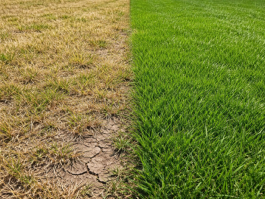 Links geel-bruin droog gazon met knapperige sprietjes, rechts fris groen gezond gras in één kader.