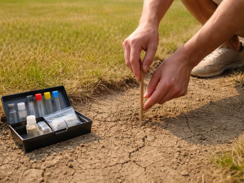 Hand met houten stok die 5 cm in een geel gazon prikt, met bodemtestset klaar naast het gras