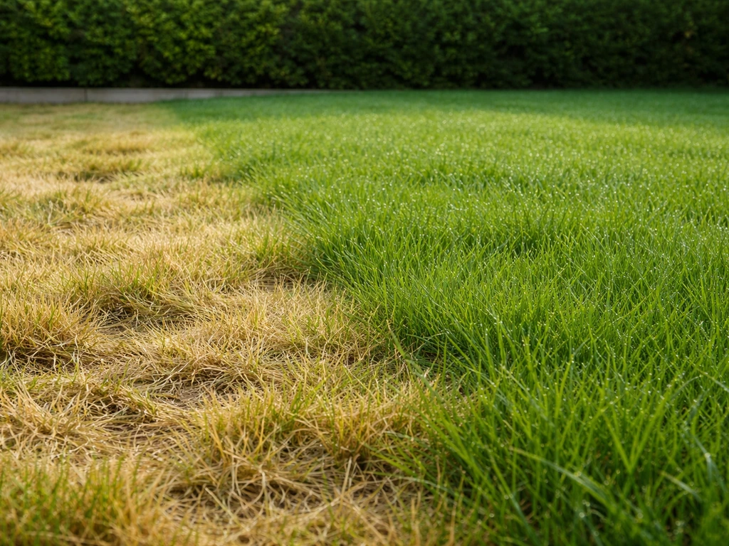 Gazon met duidelijke overgang van gele, vergeelde plekken naar hersteld groen gras naast elkaar.