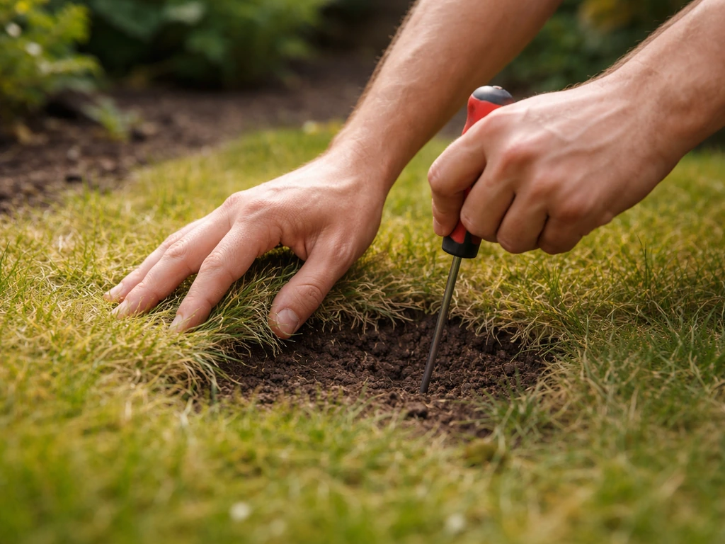 Hand met vinger die in een tuin de grond controleert om te zien waarom gras geel wordt