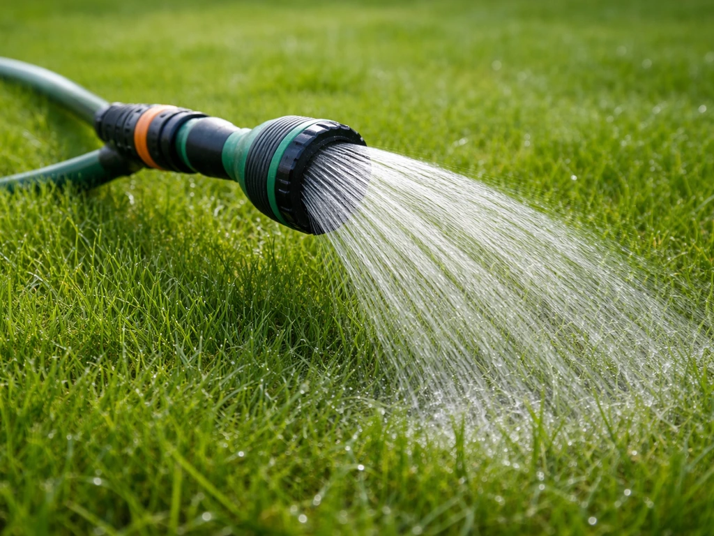 Tuinslang met sproeikop die water gelijkmatig op het gazon giet, met zichtbaar vochtige graspolen.