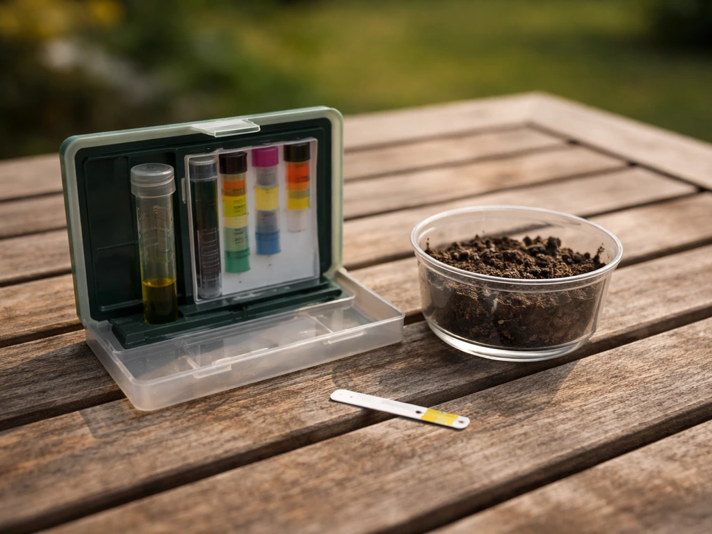 Close-up van een bodemtestkit voor pH op een tuintafel met een bekertje gazonbodem en teststrip.