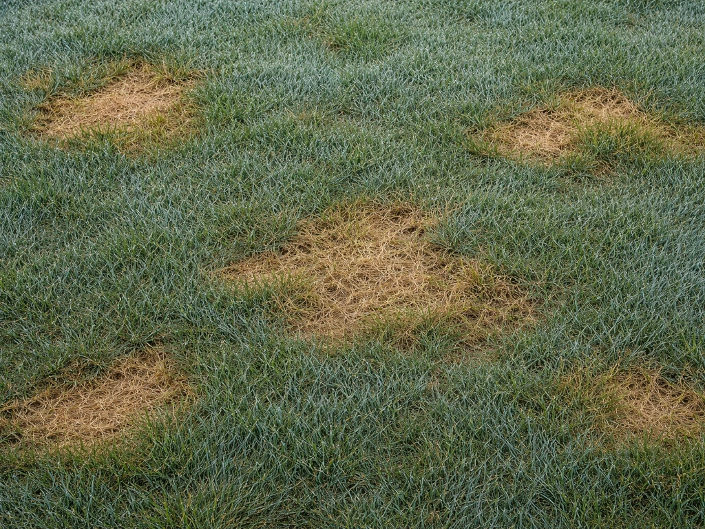 Bovenaanzicht van blauwgrijs gazon met plaatselijk bruin verkleurd gras, duidelijk zichtbaar verspreid.
