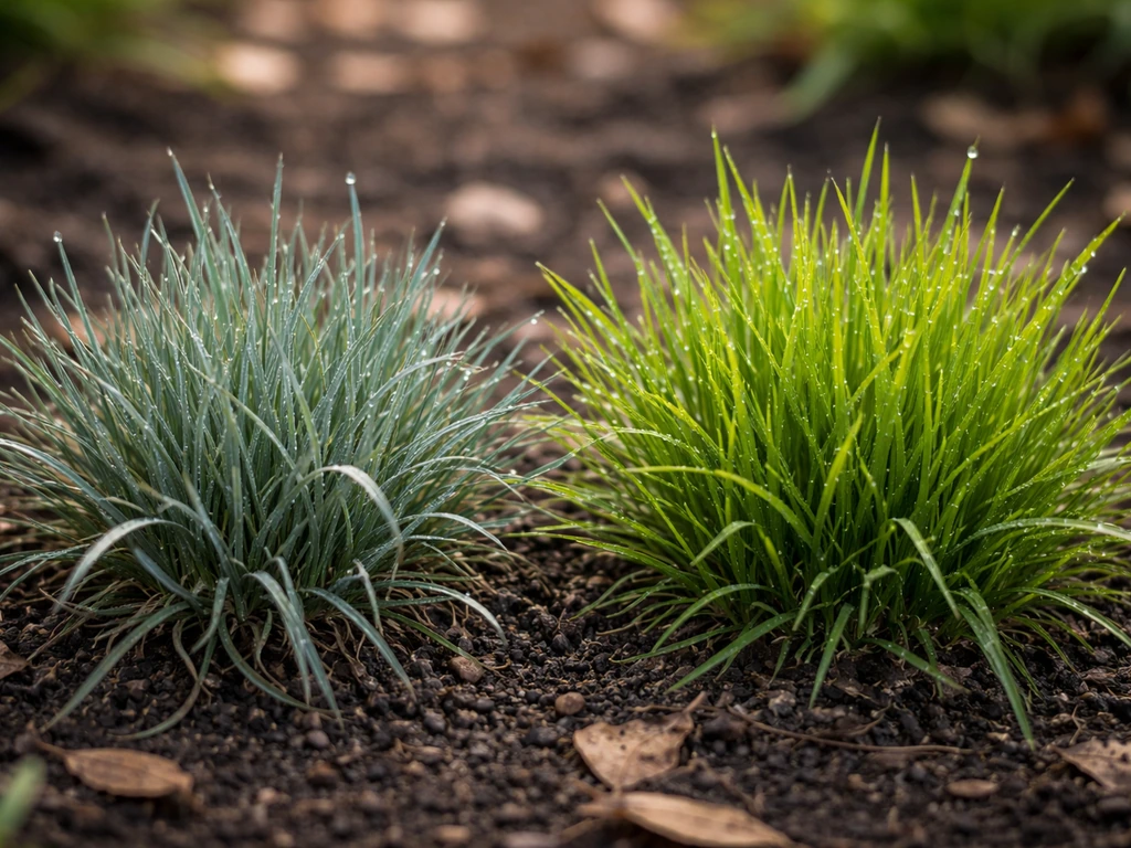 Close-up van blauwgrijs gras naast gezond groen gras, met duidelijke kleurverschillen.