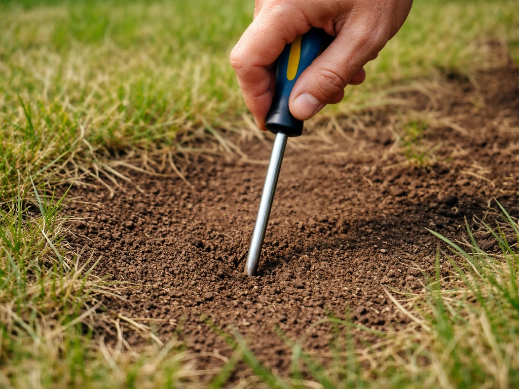Close-up van handen die een schroevendraaier in de grond drukken bij een bruine plek in het gazon.