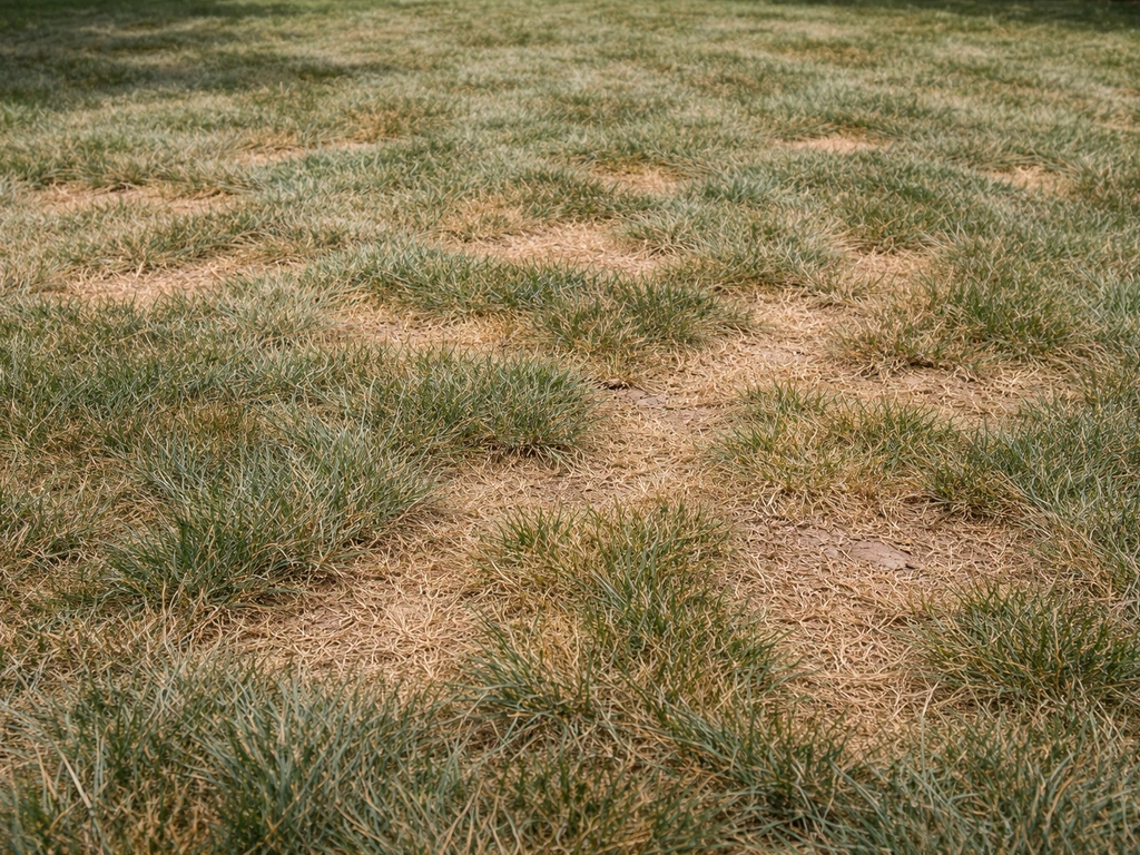 Bruinverkleurd gazon met duidelijke droge plekken, blauwgrijs gras dat naar bruin overgaat