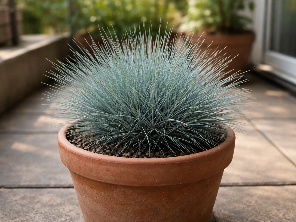 Blauw schapengras in een terracotta pot op een balkon/terras met blauwgrijs blad en compacte polvorm.