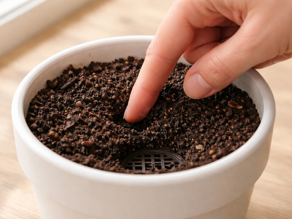 Hand prikt in de potgrond van een plant en kijkt naar drainagegaten onderin de pot.