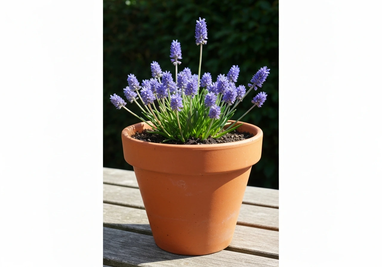 Pot met blauw schapengras op een schaduwrijke plek, met zichtbaar bleke, trage groei in de potgrond.