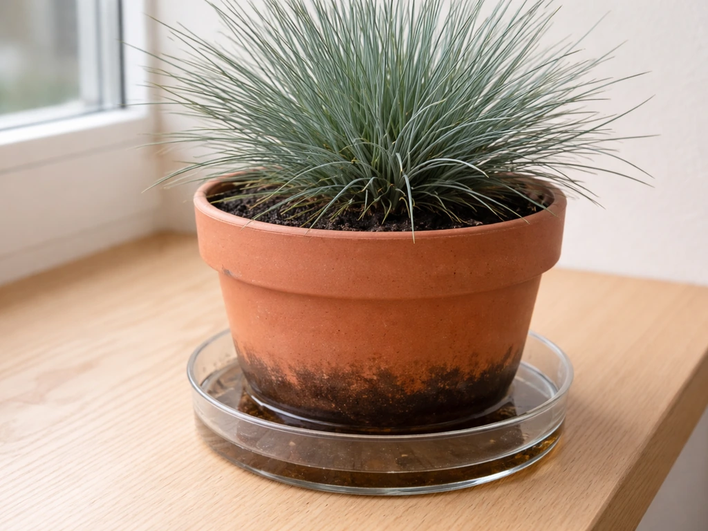 Blauwe siergrasplant in pot met stilstaand water in de onderzetter, natte potbodem als teken van te veel water.