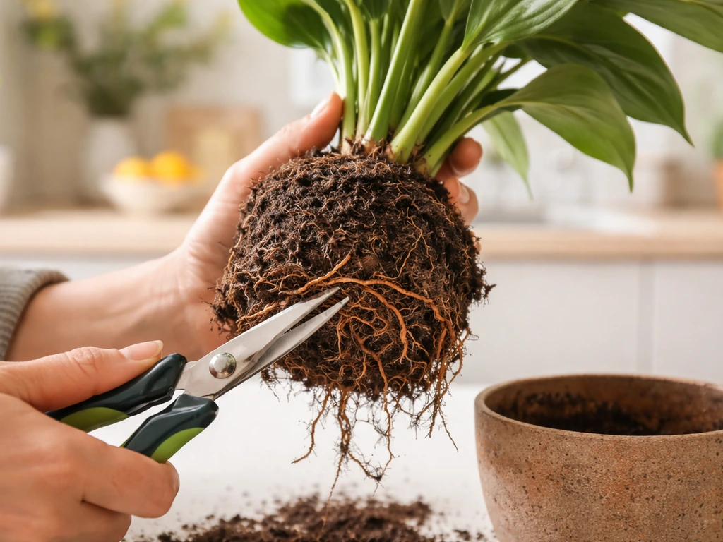 Hand die kamerplant uit pot haalt en bruine wortels wegknipt met schaar bij wortelrot