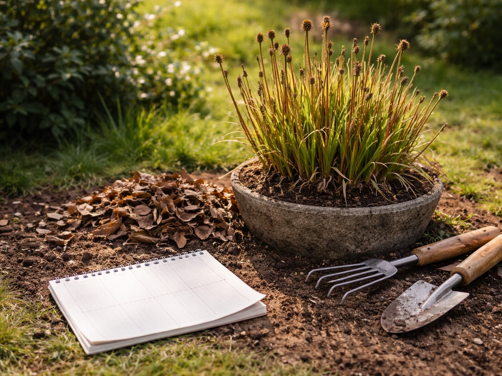 Voorjaarsfoto van een tuinpol met net verwijderde dode bladeren en een onbeschreven kalenderpagina op de grond.