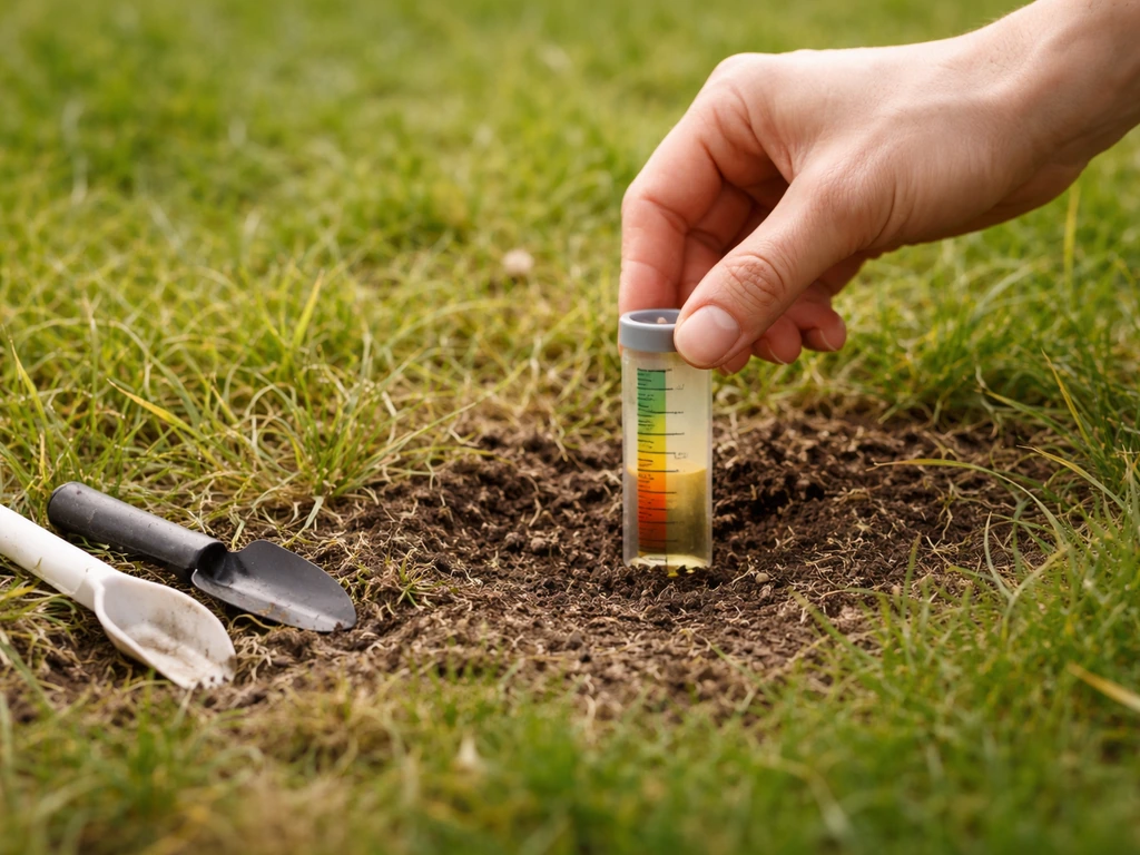 Hand test pH-waarde in aarde naast een gazonstrook met grauw/gelig gras in een tuin.