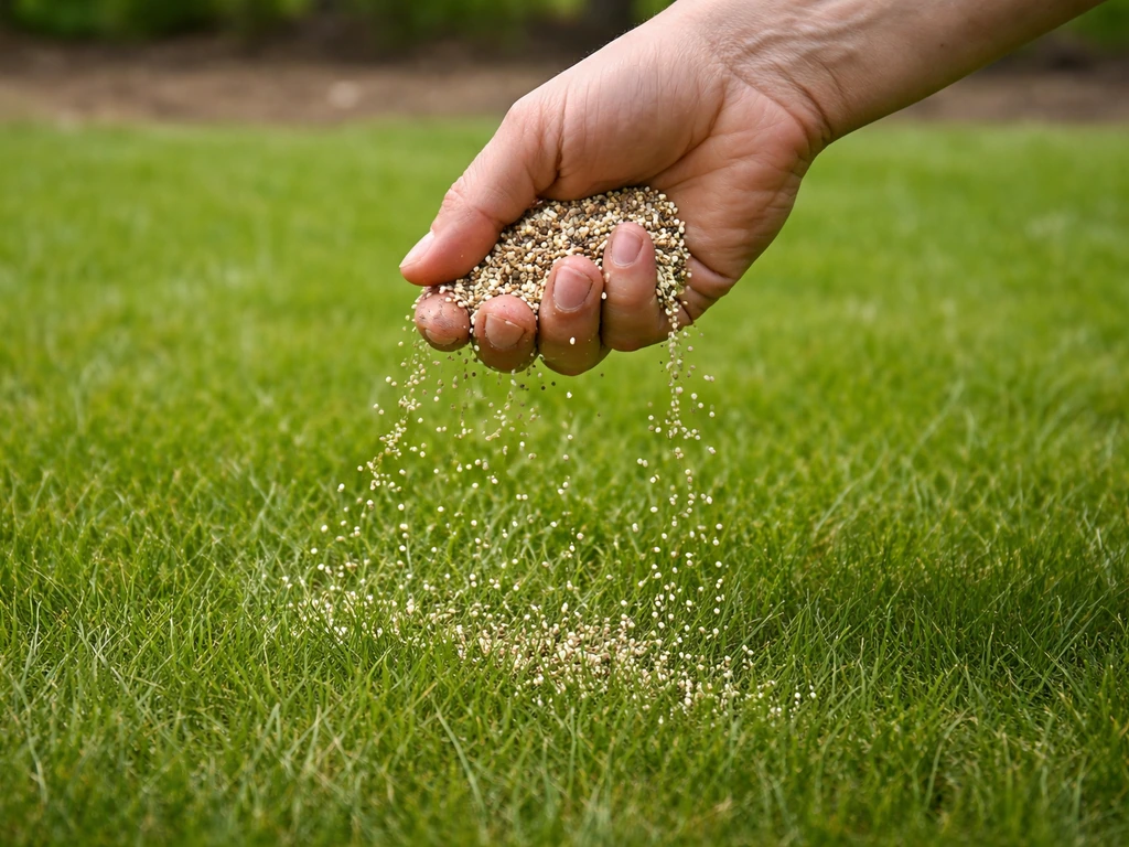 Close-up van korrelige gazonmeststof die op een groen gazon wordt uitgestrooid.