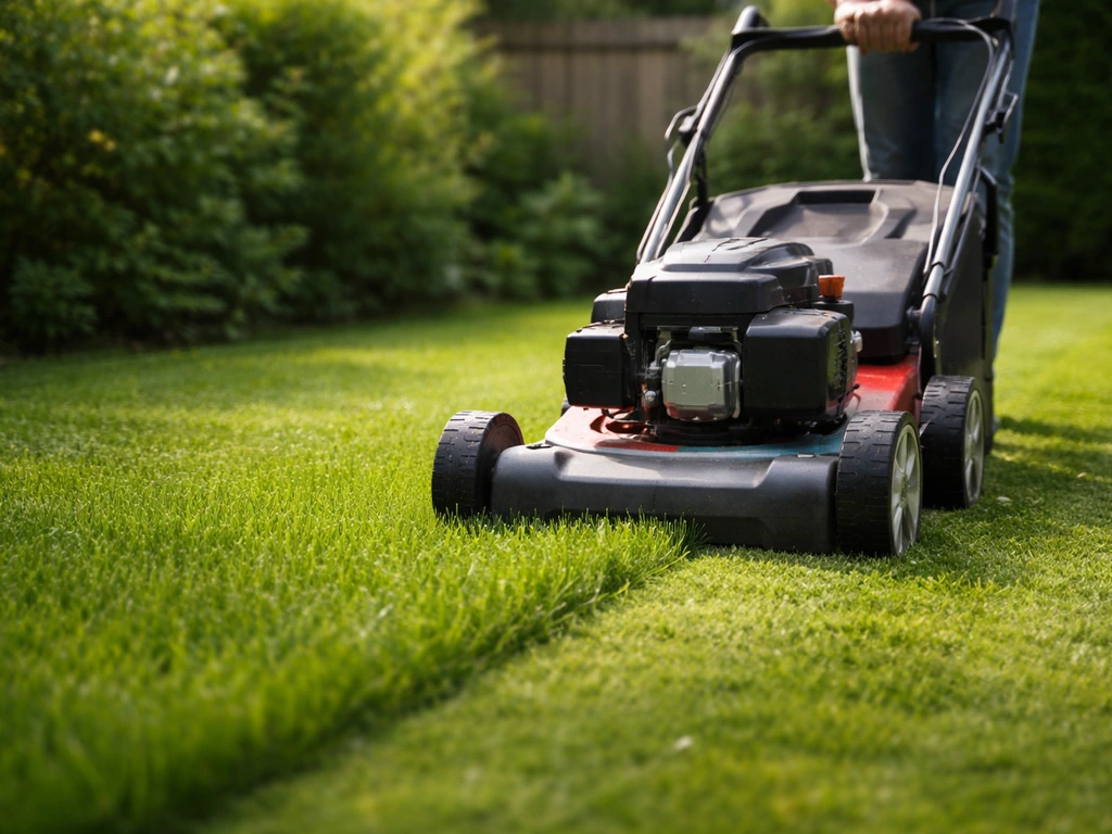 Hand duwt een grasmaaier langs een gazon met gras op ongeveer 7 cm, rustig en schoon beeld.