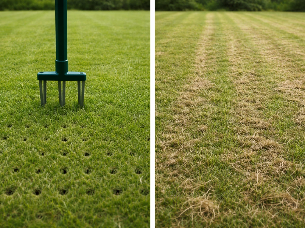Twee naast elkaar: gazon dat wordt belucht en een verticuteerbeurt op een ander deel van het gras.