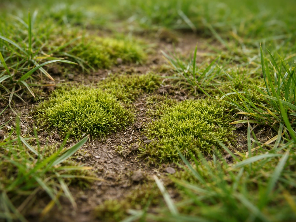 Close-up van een grasmat met duidelijke mospatches en losse grassprieten in een tuin