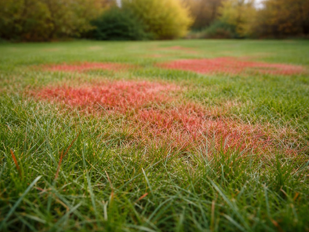 Nederlands gazon met rode/roze plekken en gras met sprieten op de voorgrond, subtiele seizoenslucht op de achtergrond.
