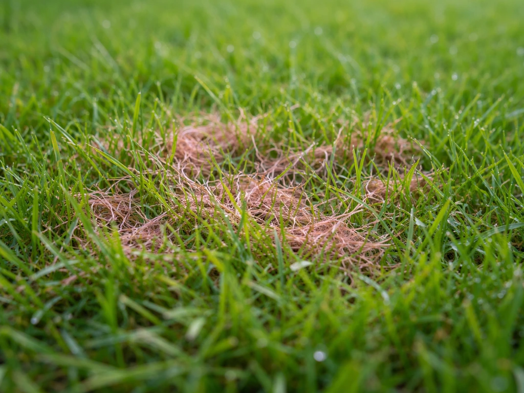 Close-up van gazongras met roze/rode draadjes en uitlopers, duidelijk contrast met normaal groen