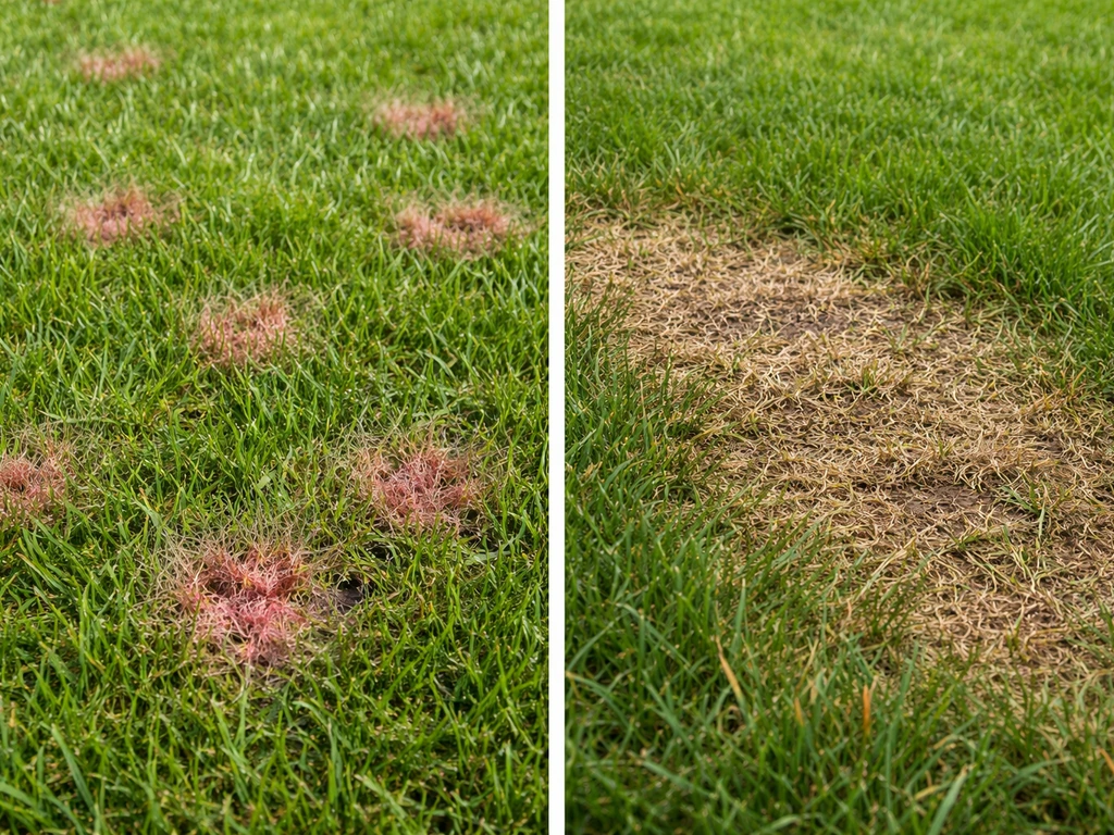 Split-screen van hetzelfde gazon met links rode roze plekken en rechts een duidelijk beschadigde plek in het gras.
