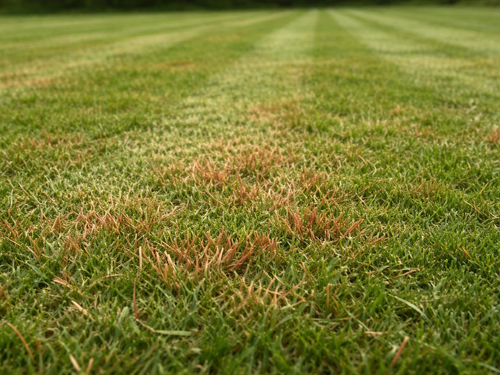 Vers gemaaid gras met roodbruine, licht uitgedroogde plekken en zichtbare maaibaan in de achtergrond.