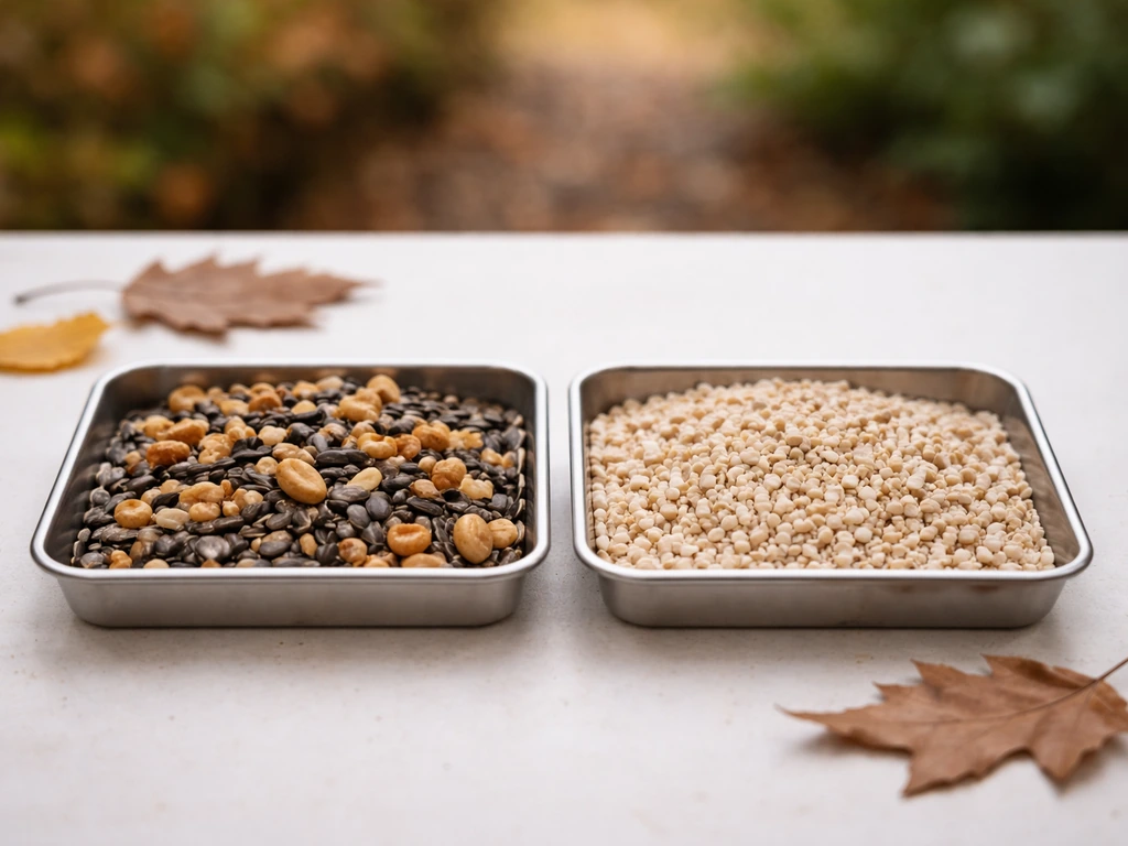 Two seasonal trays of bird food—late fall rich mix and spring lighter mix—side by side in soft daylight.