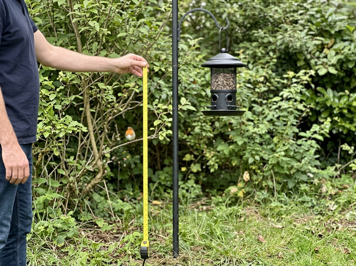 Feeder positioned 5–6 feet high near shrubs for safe cover