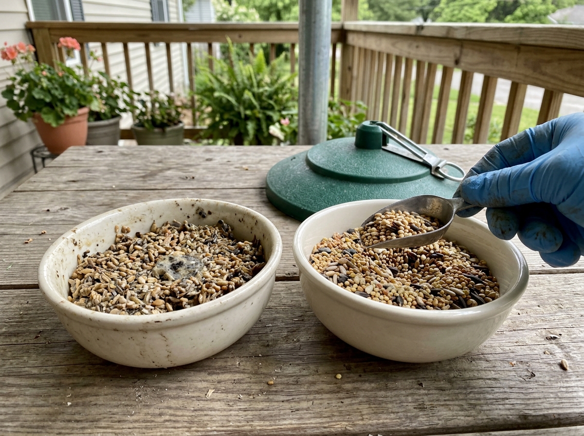 Troubleshooting: old stale wet seed with mold vs fresh dry seed in two bowls