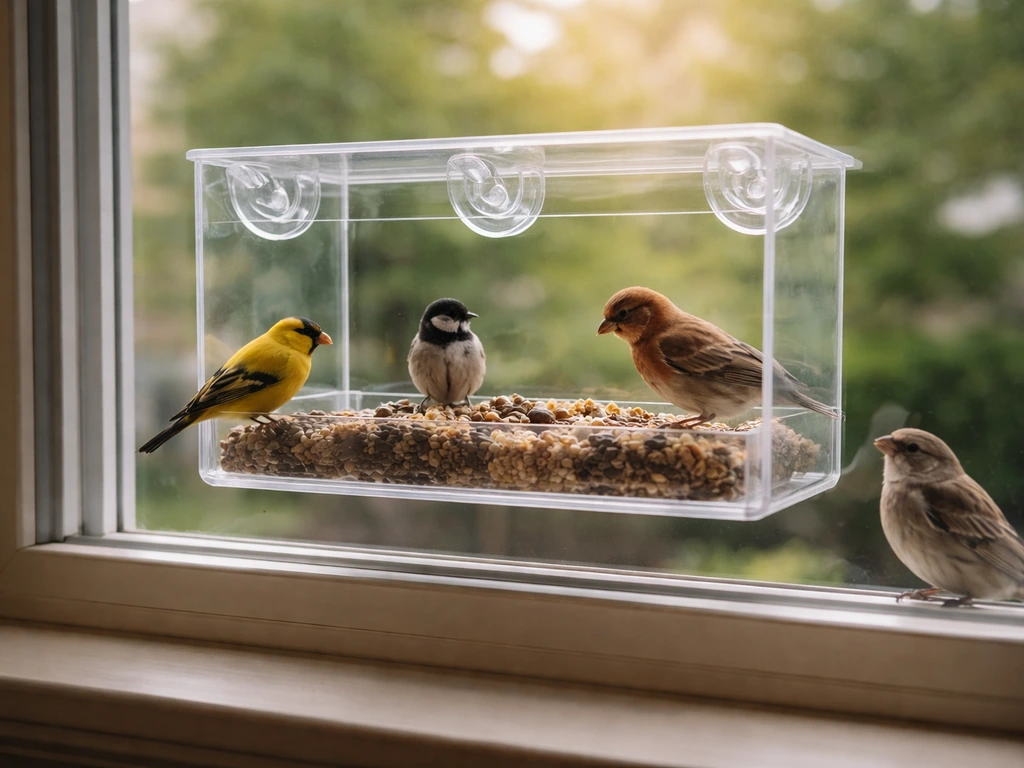Window bird feeder mounted on a home window, with small birds nearby.