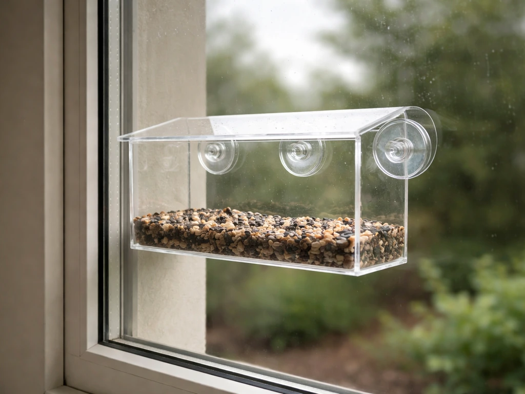 Close-up of a window bird feeder with reflective glass showing sky and trees like open space.