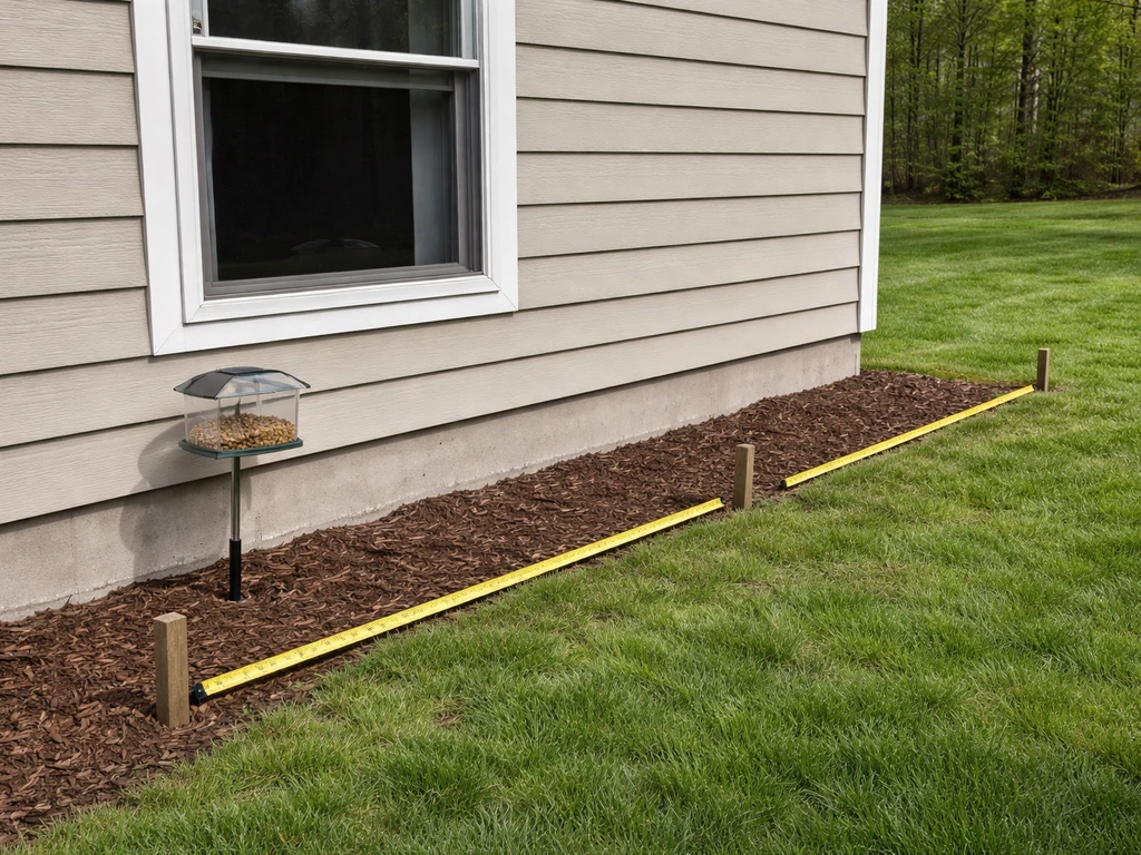 Close view of a window with a bird feeder positioned either very near or far away, showing distance safety points