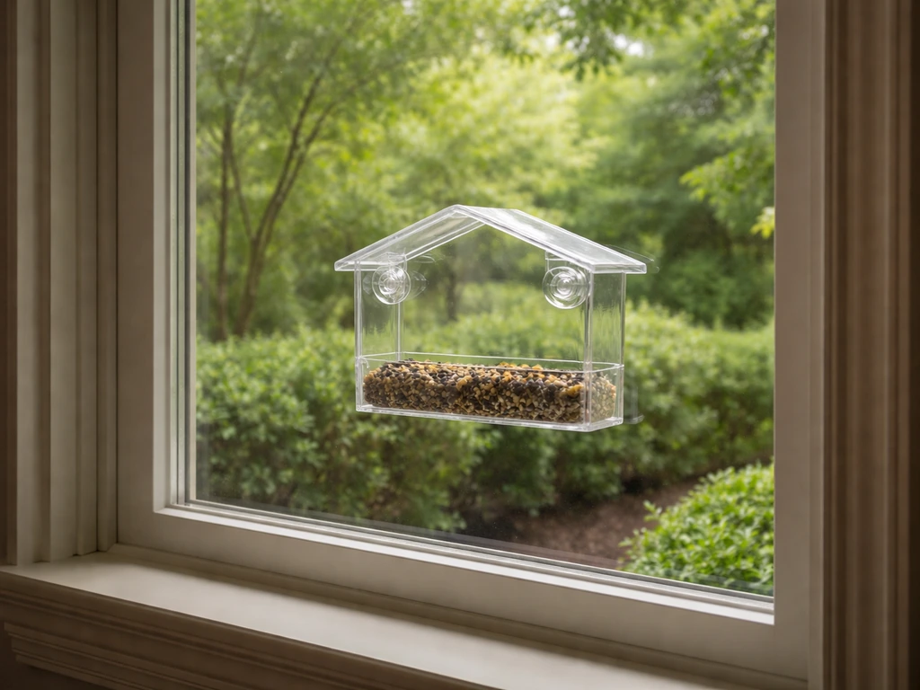 Window with a bird feeder mounted mid-height facing shrubs and a garden bed.