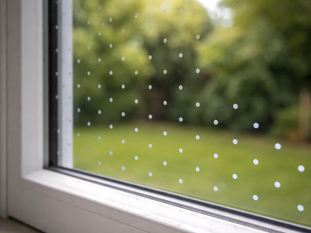 Closeup of UV adhesive decal dot pattern on the outside of a window glass in a bird-feeding setup.