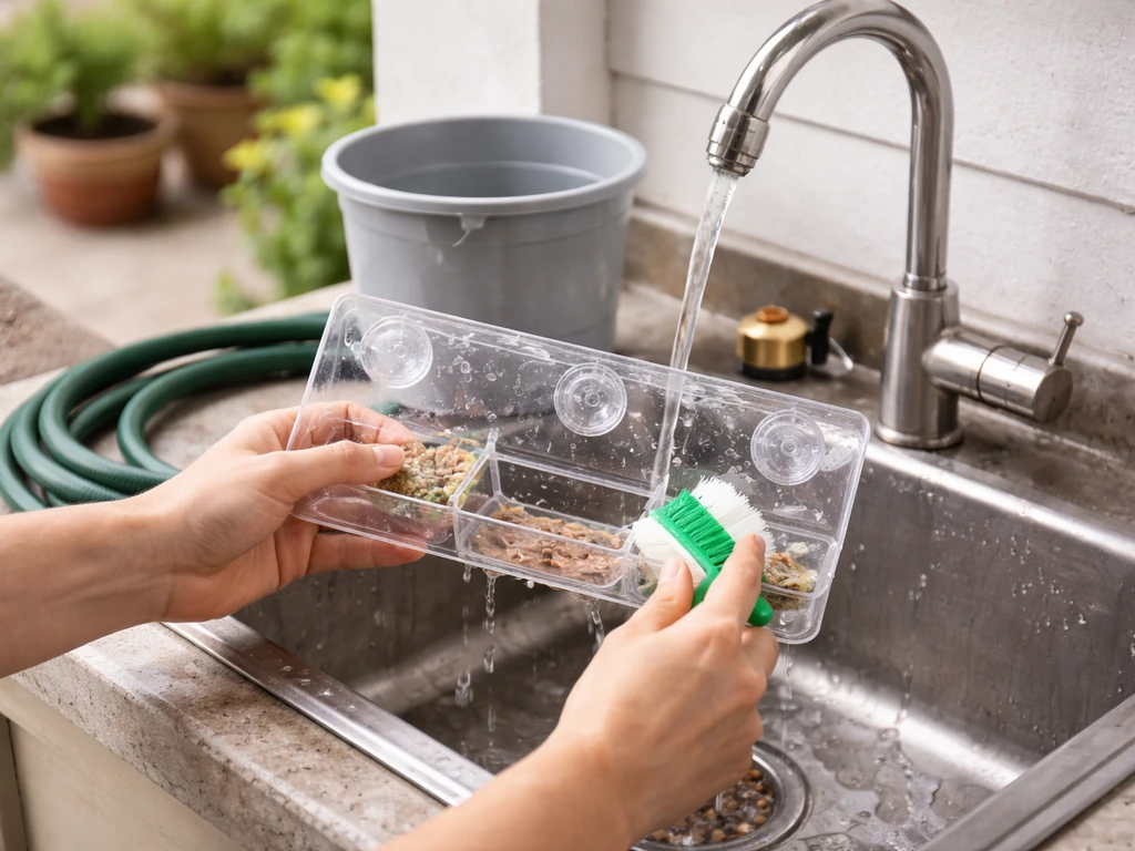 Hands removing and scrubbing a window feeder outdoors with a hose and bucket nearby.