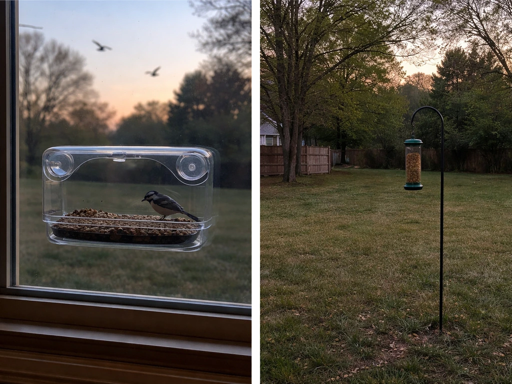 Minimal scene showing a near-window bird feeder vs a distant pole/hanging feeder for viewing and collision contrast.