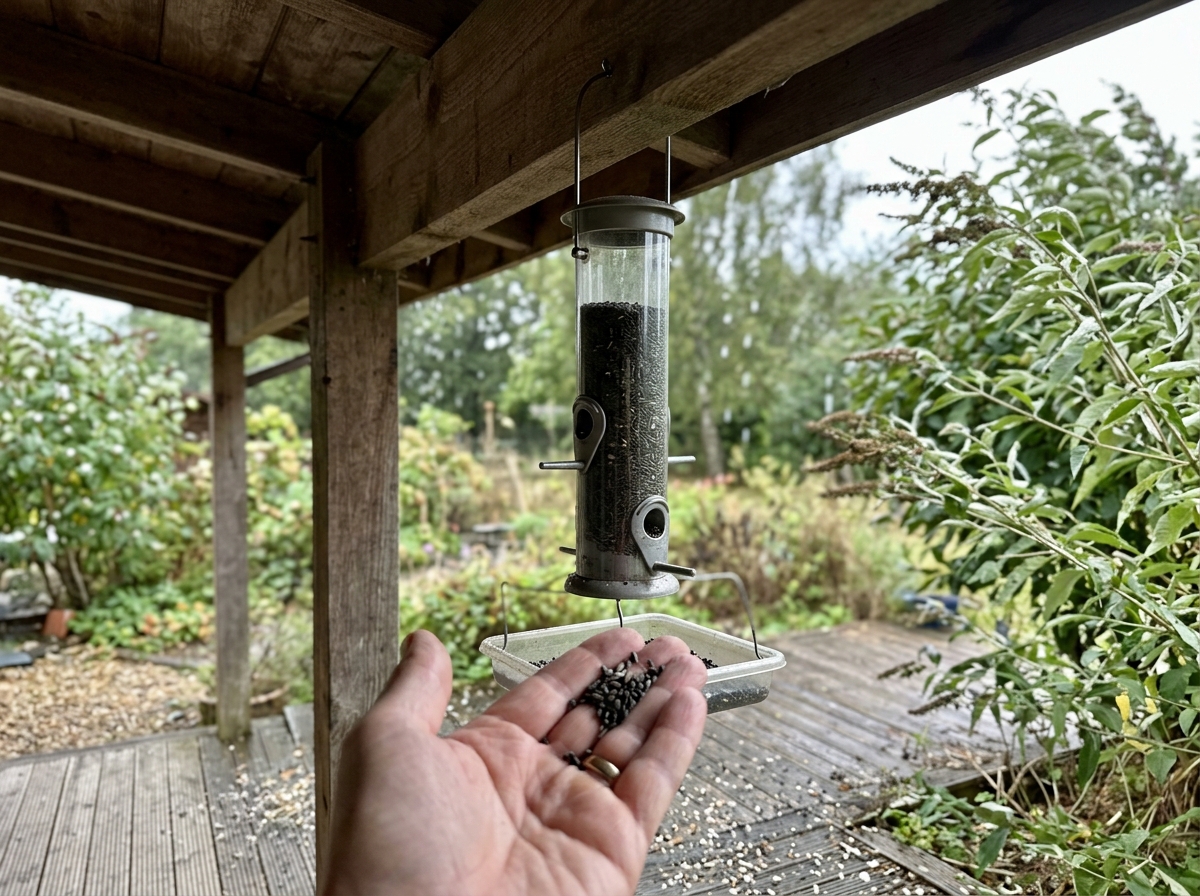 Nyjer seed feeder placed with sun/wind/rain protection for fresher seed
