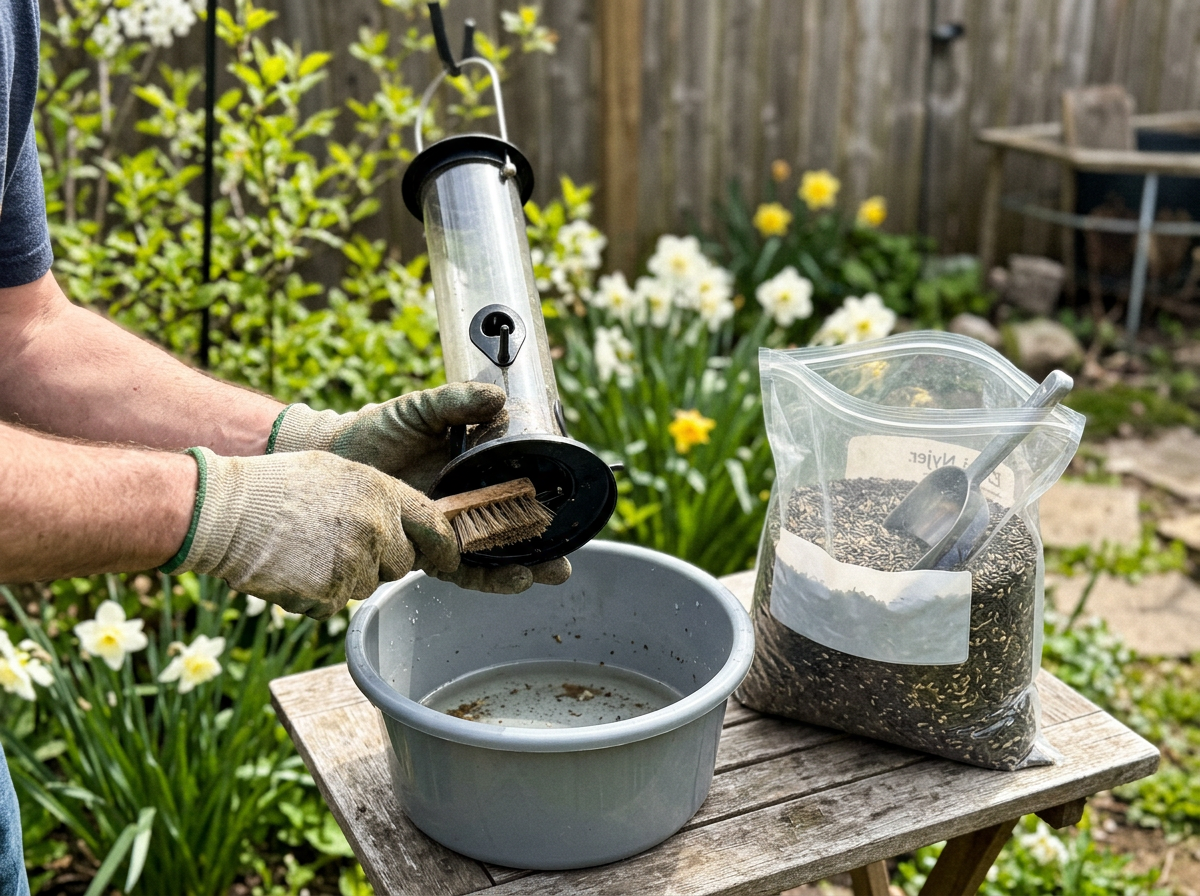 Hands cleaning and refilling a finch feeder as seasonal placement is adjusted