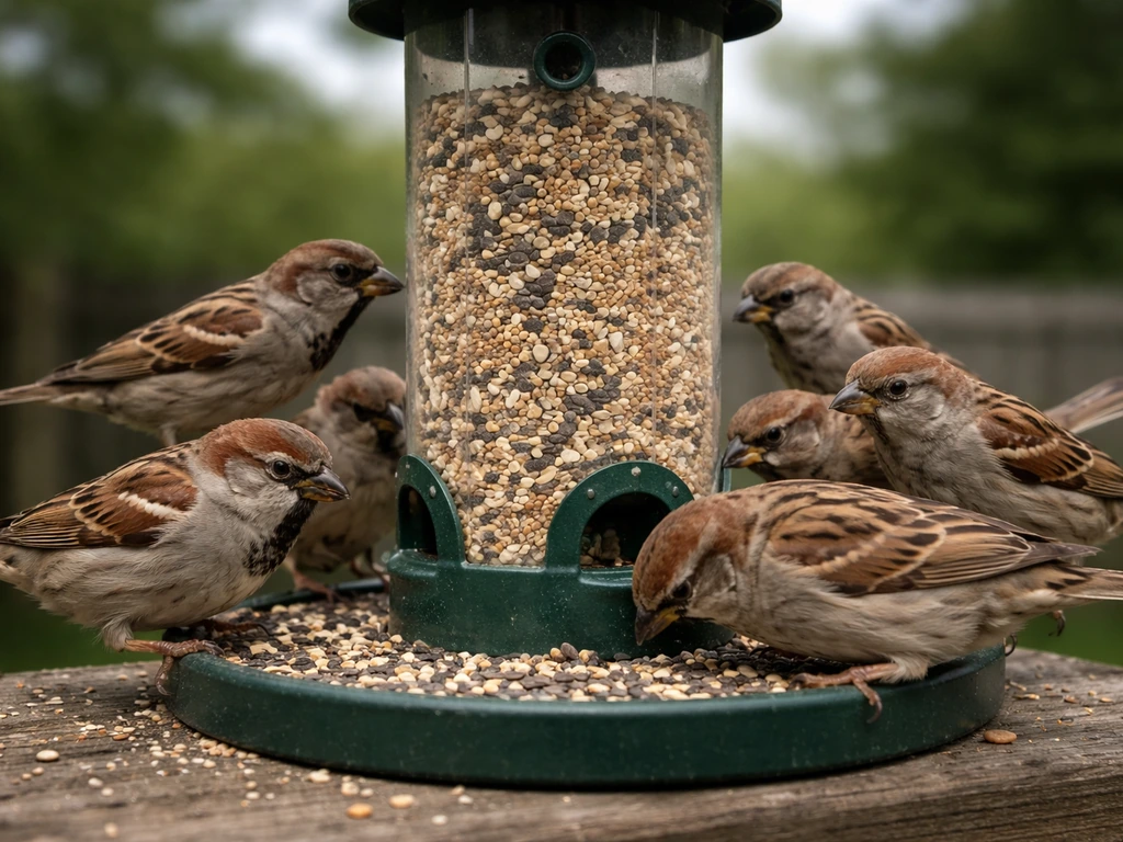 House sparrows crowd a bird feeder, with no other small songbirds present.