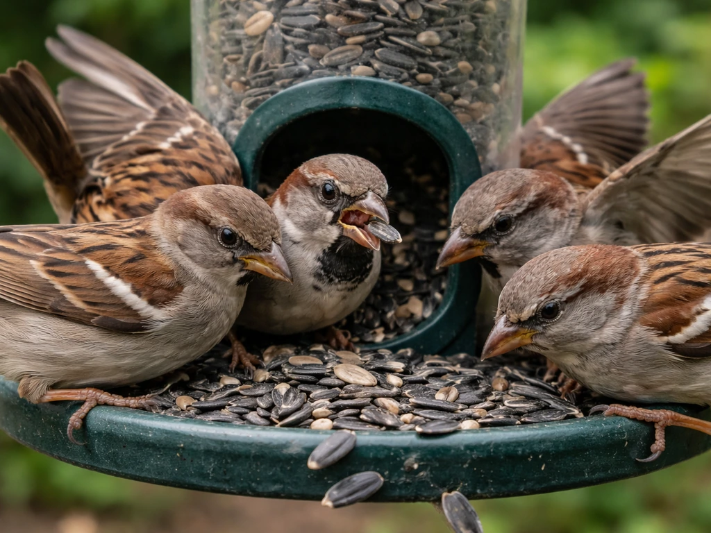 Close-up of several house sparrows crowded at a backyard feeder opening, grabbing spilled seed.