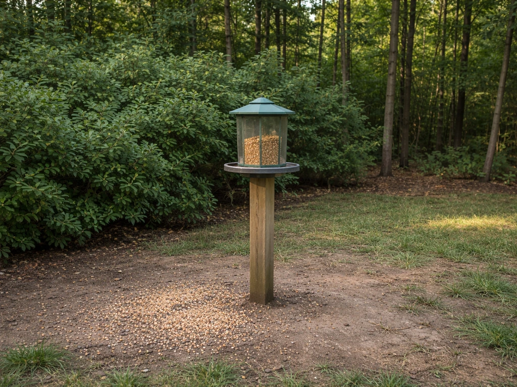 Bird feeder on a post beside shrubs, with ground seed area visible for safe feeding.